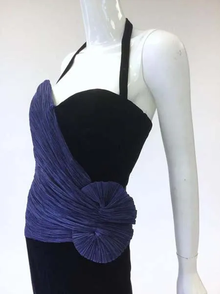 1980s Murray Arbeid Signature Blue Taffeta & Black Velvet Evening Gown