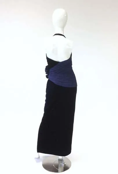 1980s Murray Arbeid Signature Blue Taffeta & Black Velvet Evening Gown