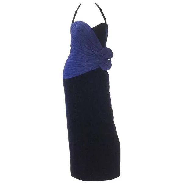 1980s Murray Arbeid Signature Blue Taffeta & Black Velvet Evening Gown