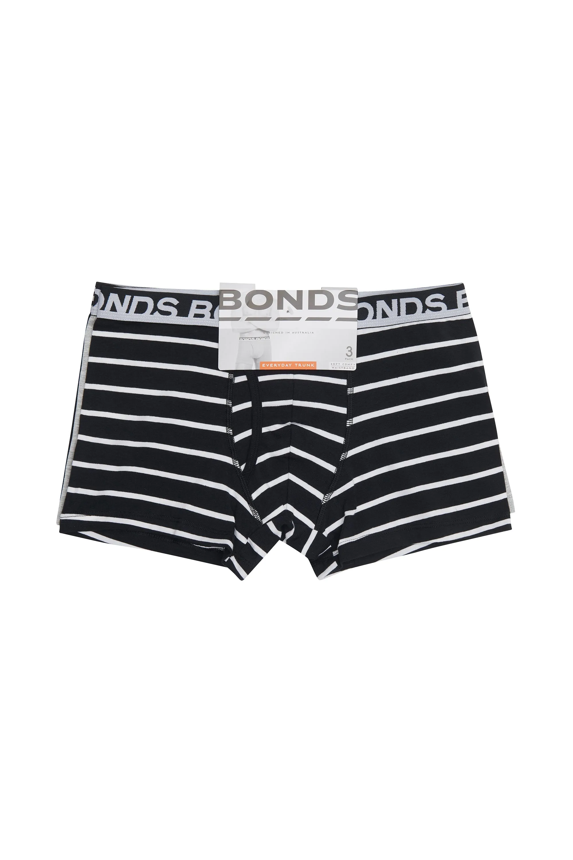 3 x Bonds Mens Everyday Trunks Underwear Black Stripe/Grey/Black