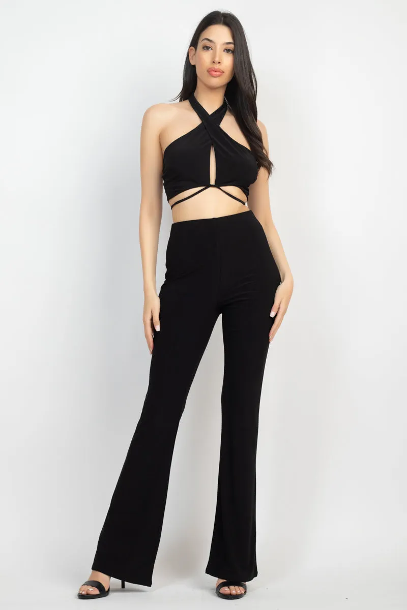 Black Solid Halter Top And Elastic Leggings Set - Ships from The USA