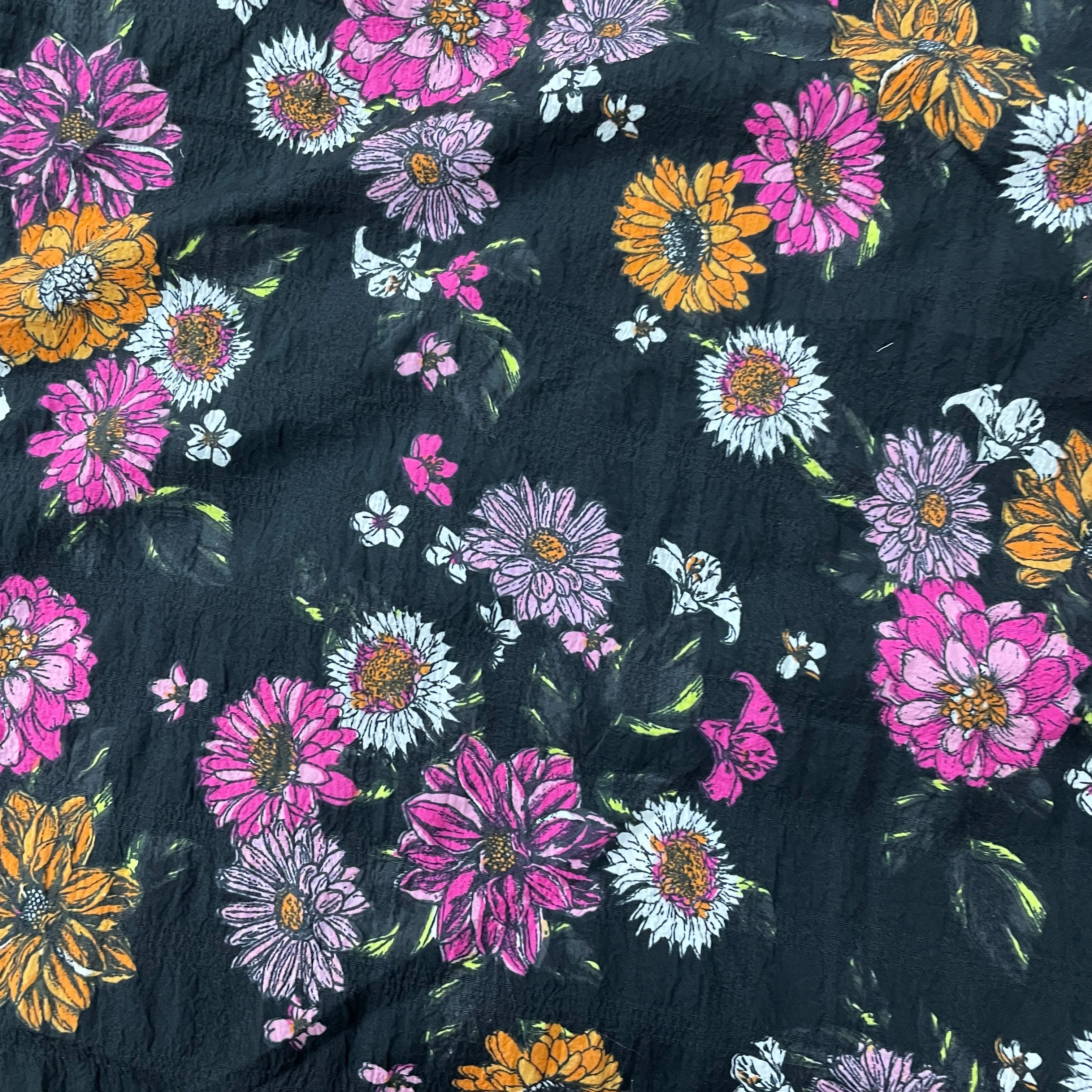 Black With Multicolor Floral Print Moss Crepe Fabric