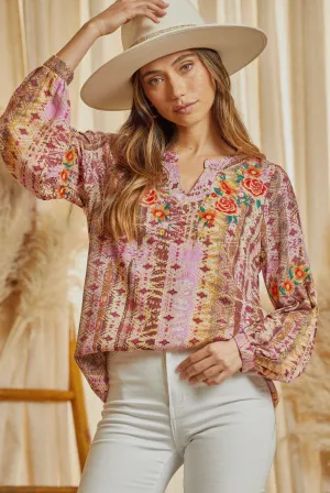 Blouse - Embroidered Print, Balloon Sleeves, Split Neckline, Also Plus Size