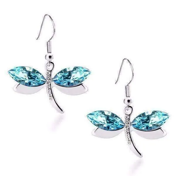 Blue Winged Austrian Crystal Dragonfly Dangle Earrings