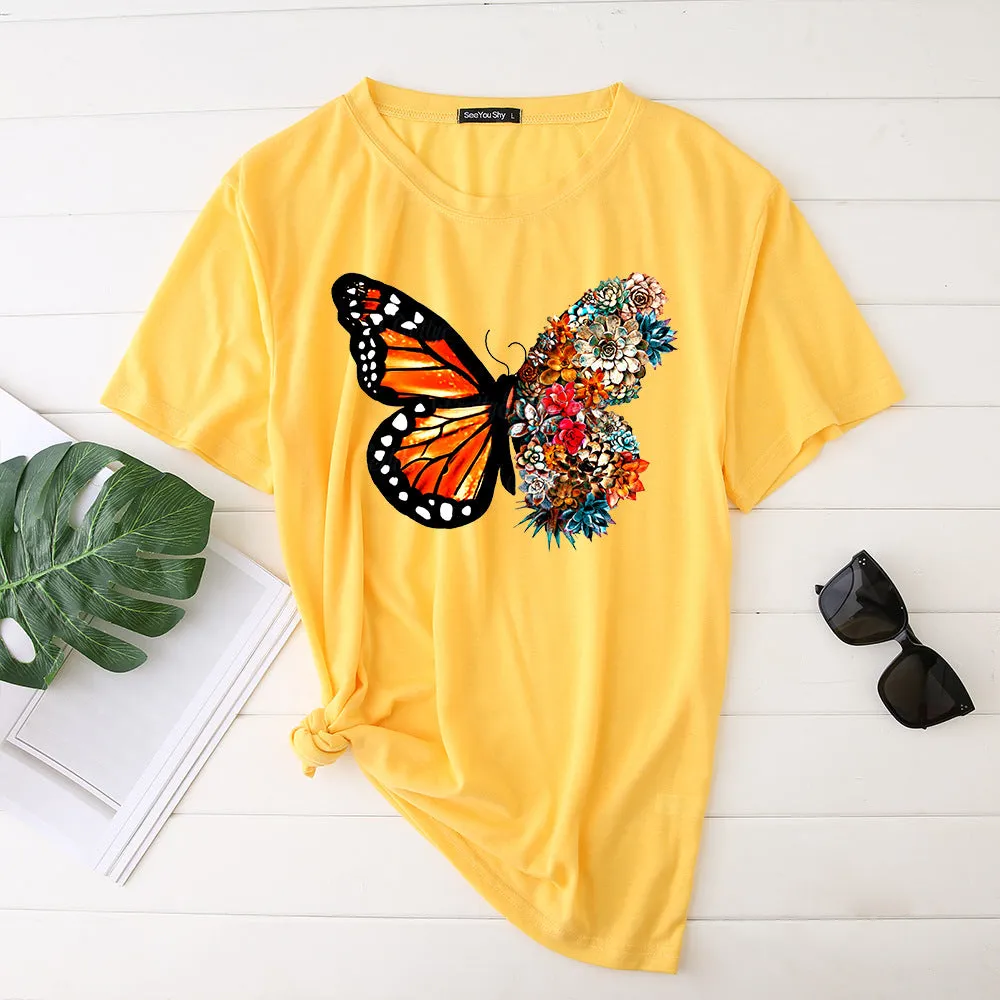 Butterfly print short-sleeved round neck fashion casual loose T-shirt