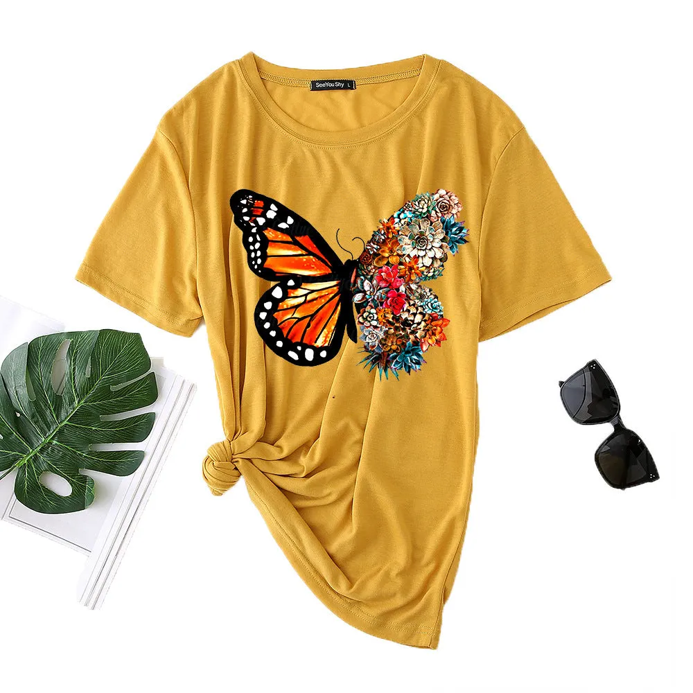 Butterfly print short-sleeved round neck fashion casual loose T-shirt