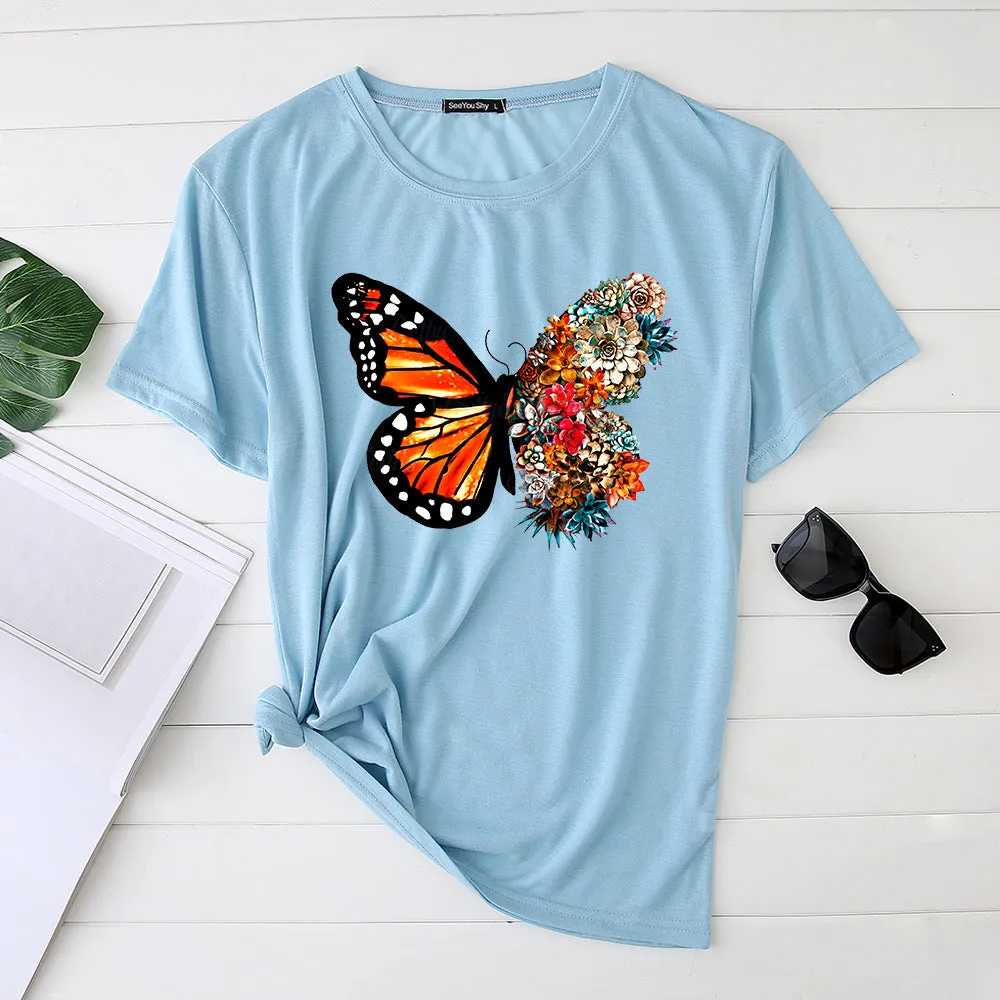 Butterfly print short-sleeved round neck fashion casual loose T-shirt