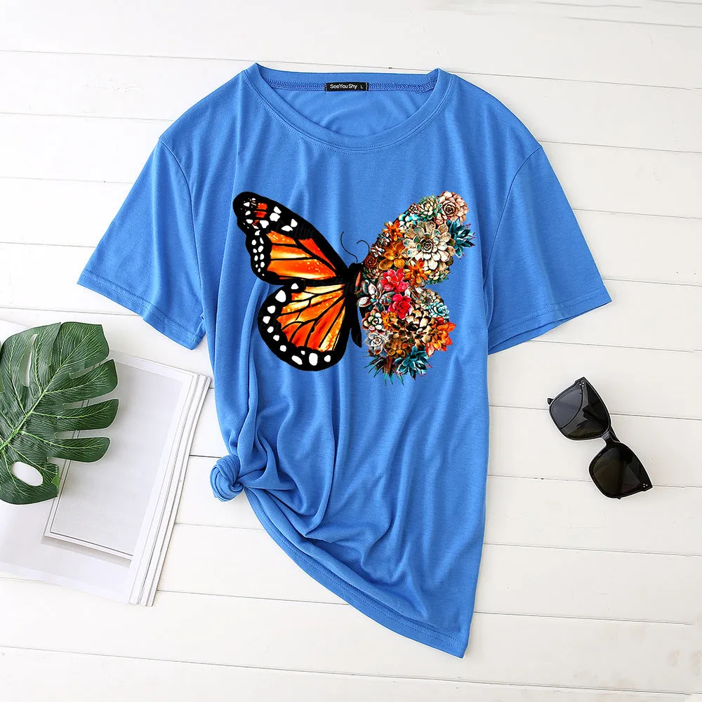 Butterfly print short-sleeved round neck fashion casual loose T-shirt