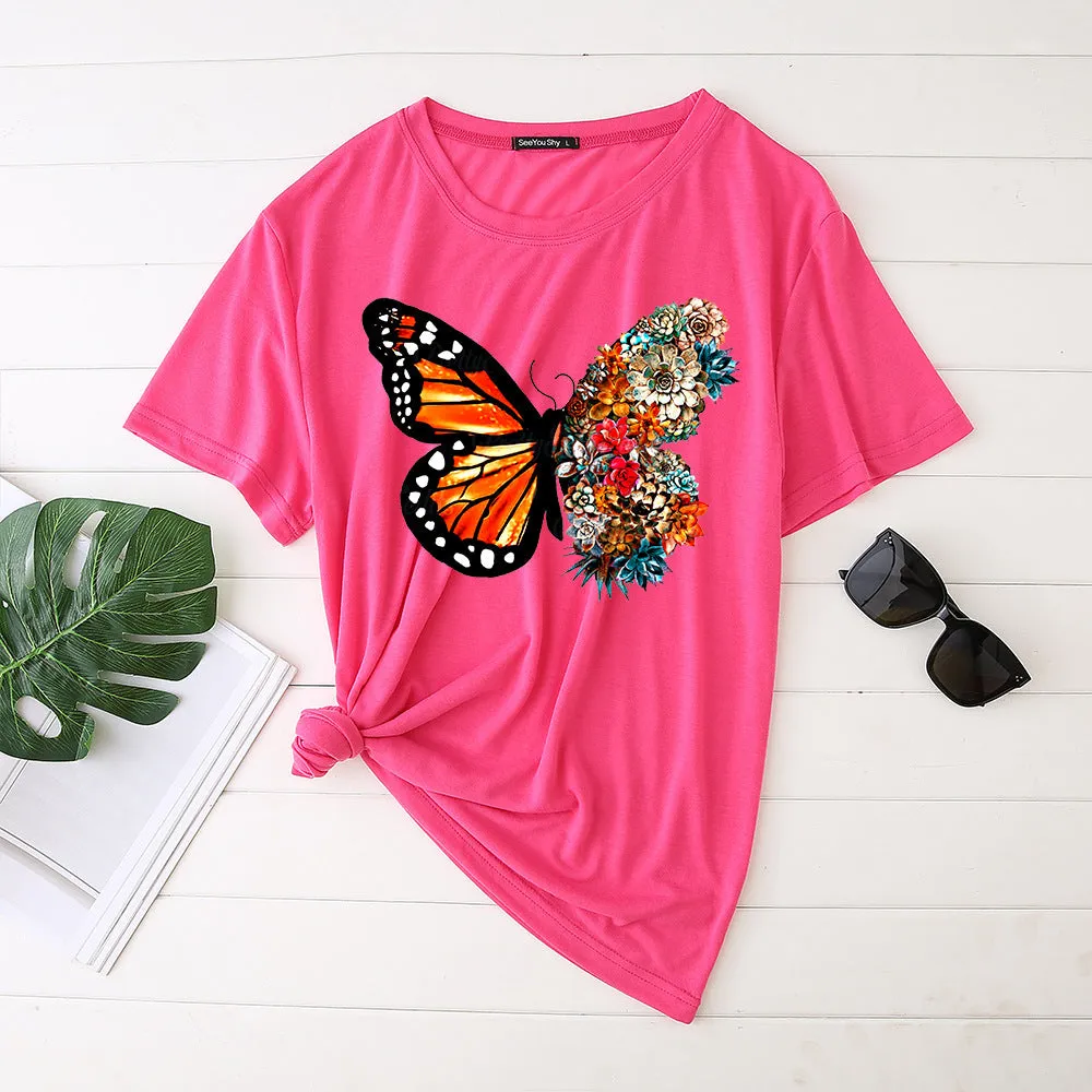 Butterfly print short-sleeved round neck fashion casual loose T-shirt