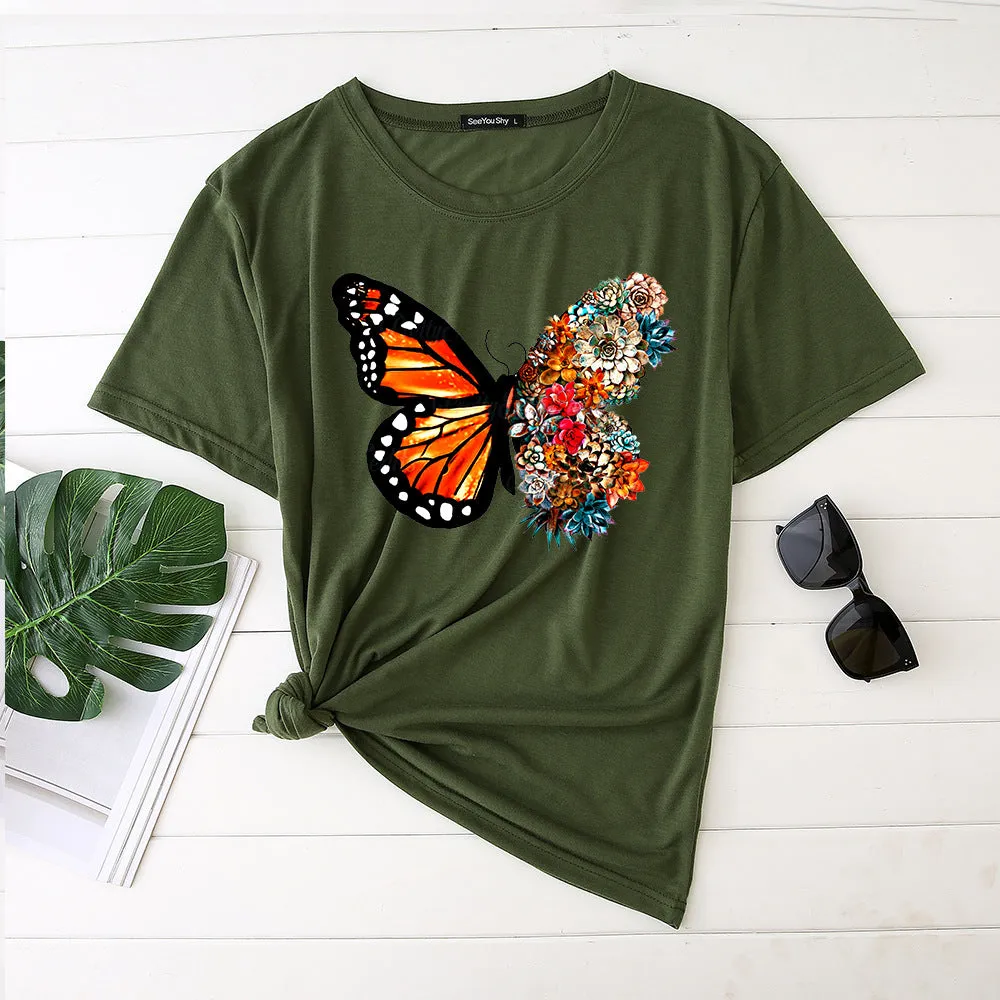 Butterfly print short-sleeved round neck fashion casual loose T-shirt