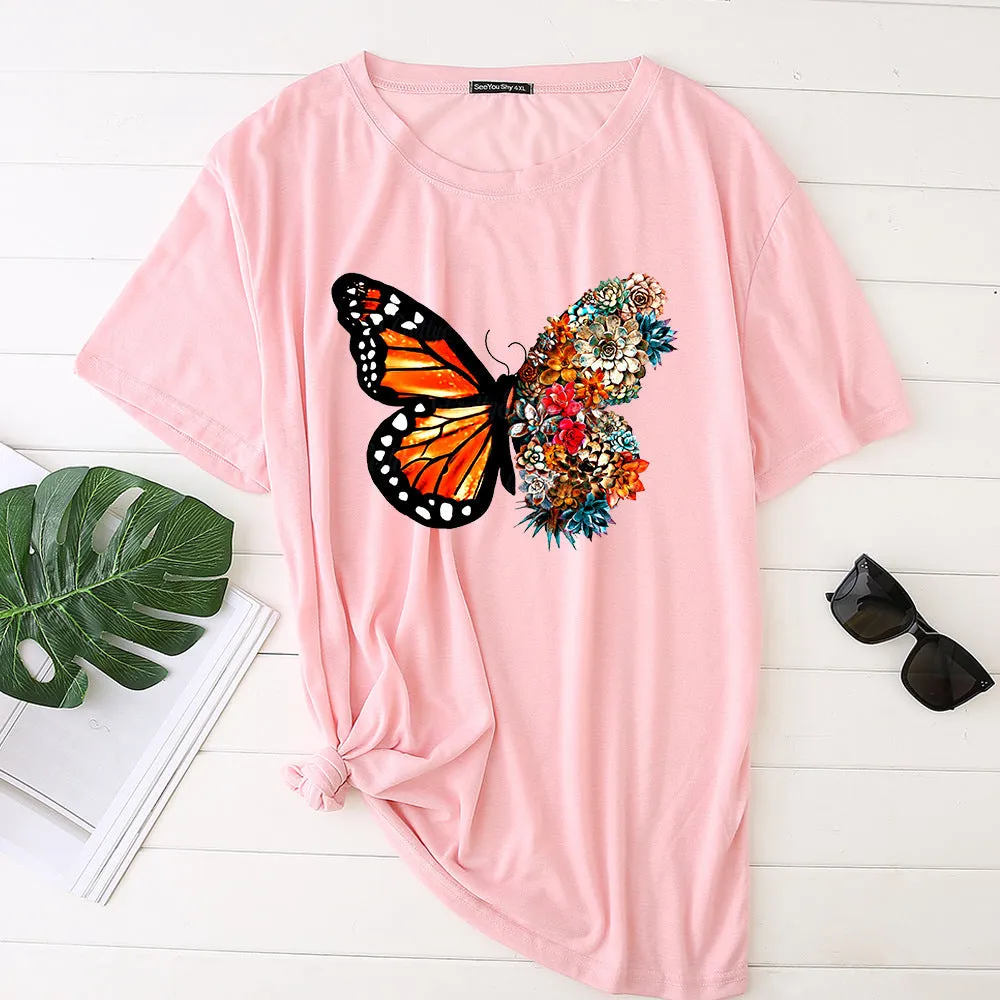 Butterfly print short-sleeved round neck fashion casual loose T-shirt