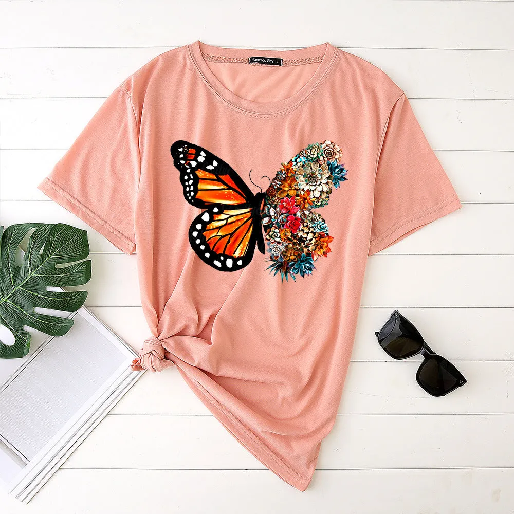 Butterfly print short-sleeved round neck fashion casual loose T-shirt