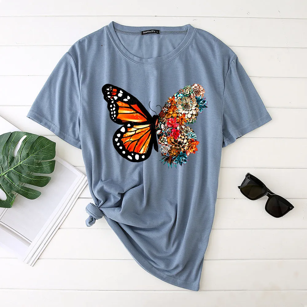 Butterfly print short-sleeved round neck fashion casual loose T-shirt