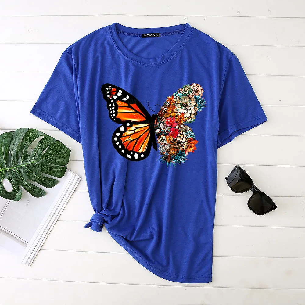 Butterfly print short-sleeved round neck fashion casual loose T-shirt