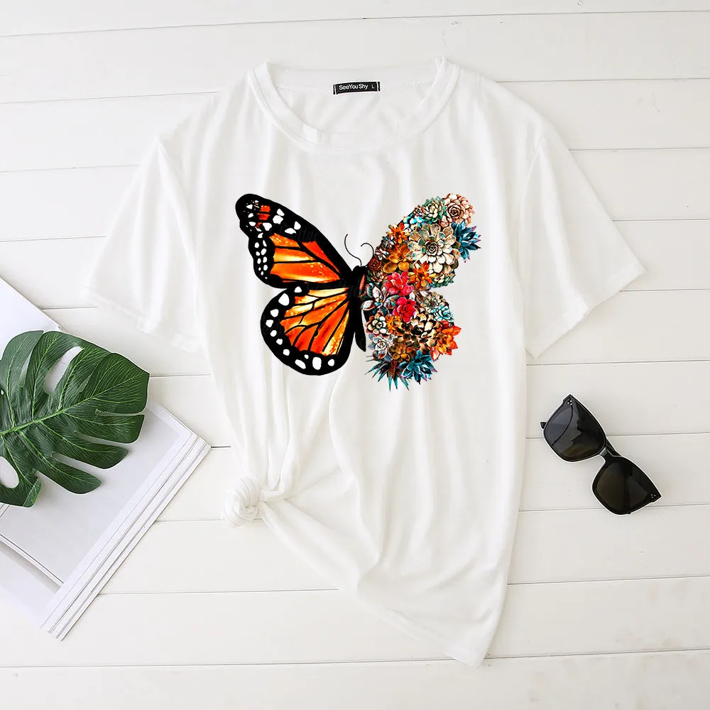 Butterfly print short-sleeved round neck fashion casual loose T-shirt