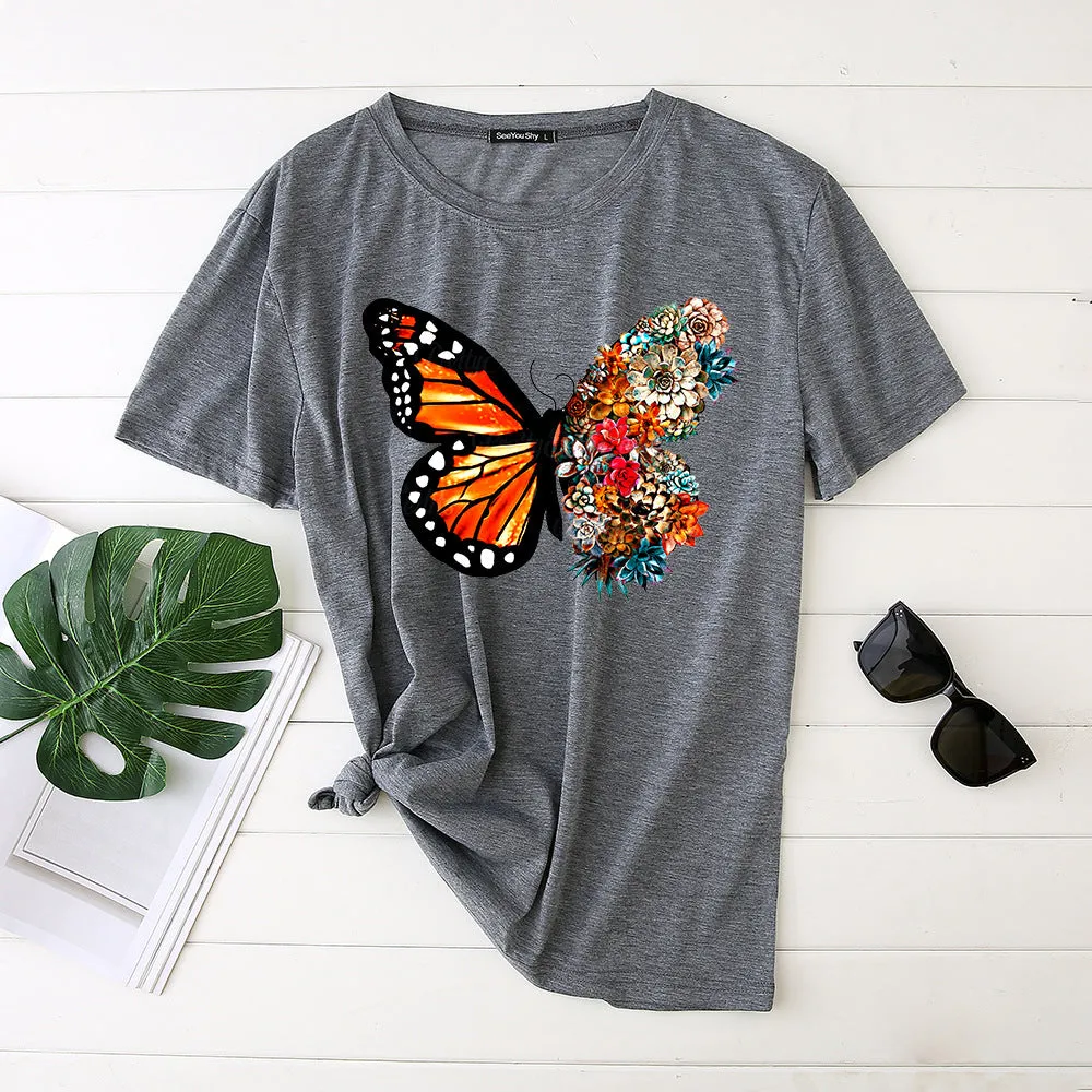 Butterfly print short-sleeved round neck fashion casual loose T-shirt