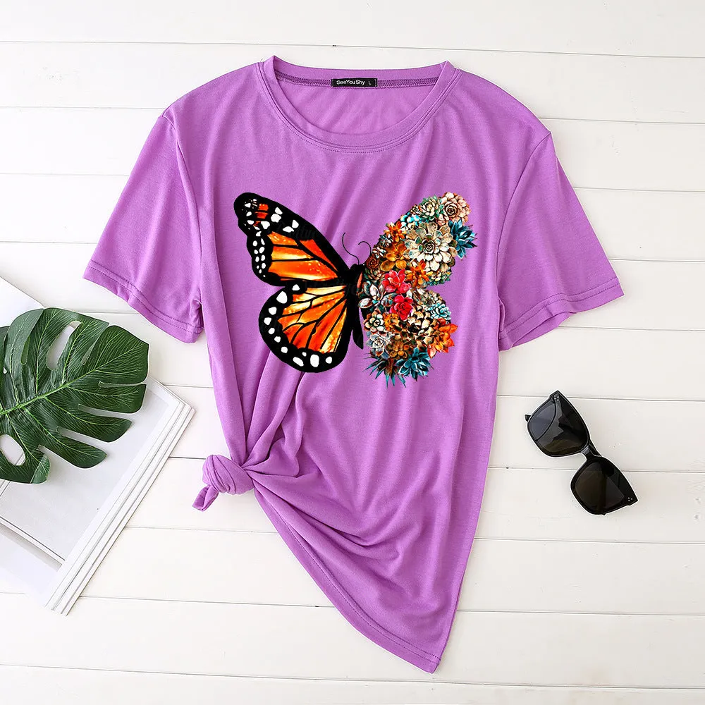 Butterfly print short-sleeved round neck fashion casual loose T-shirt