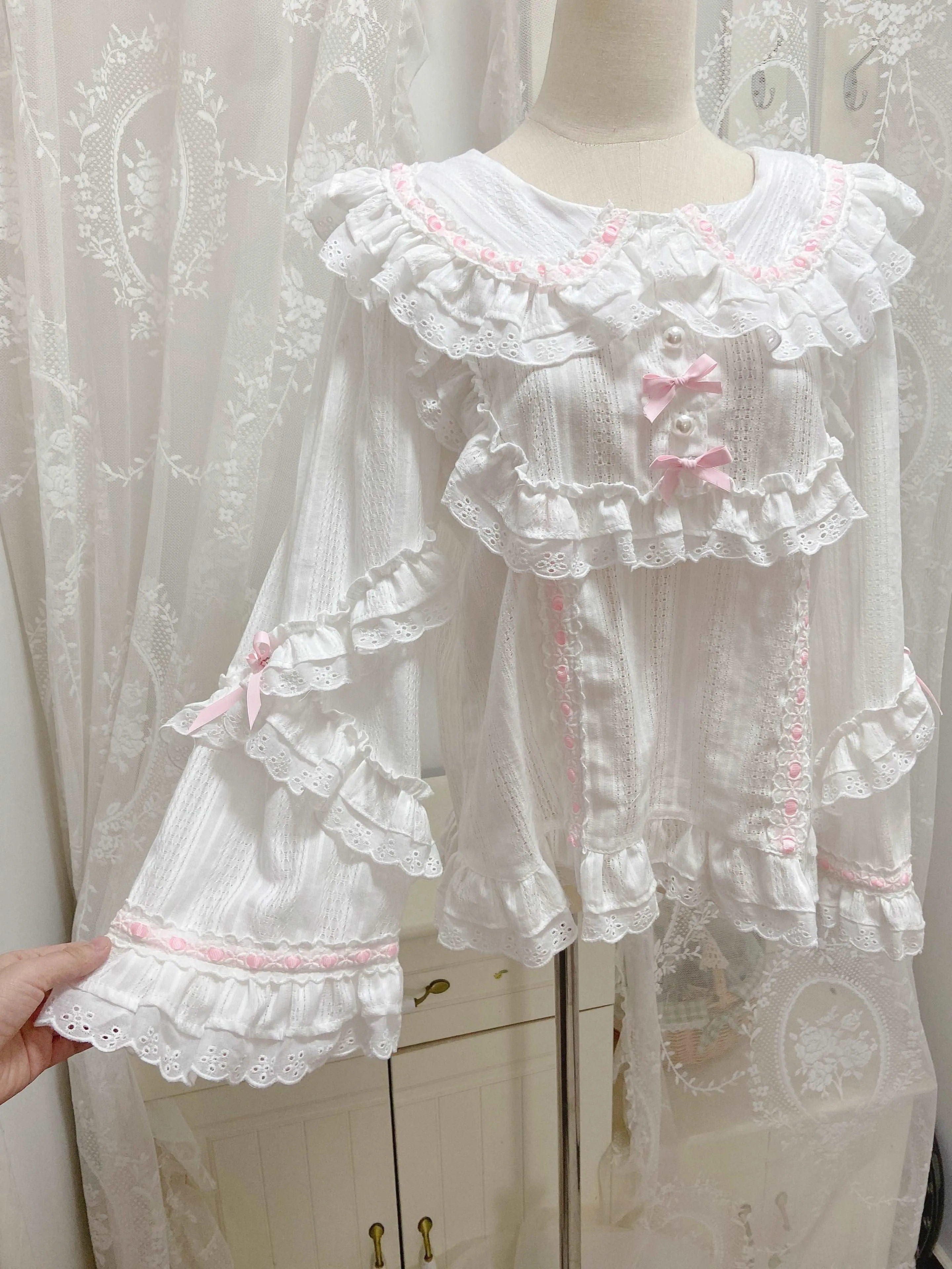 Candy Fairy Lolita White Doll Collar Lace Pink Bow Ruffled Long Sleeve Blouse Shirt