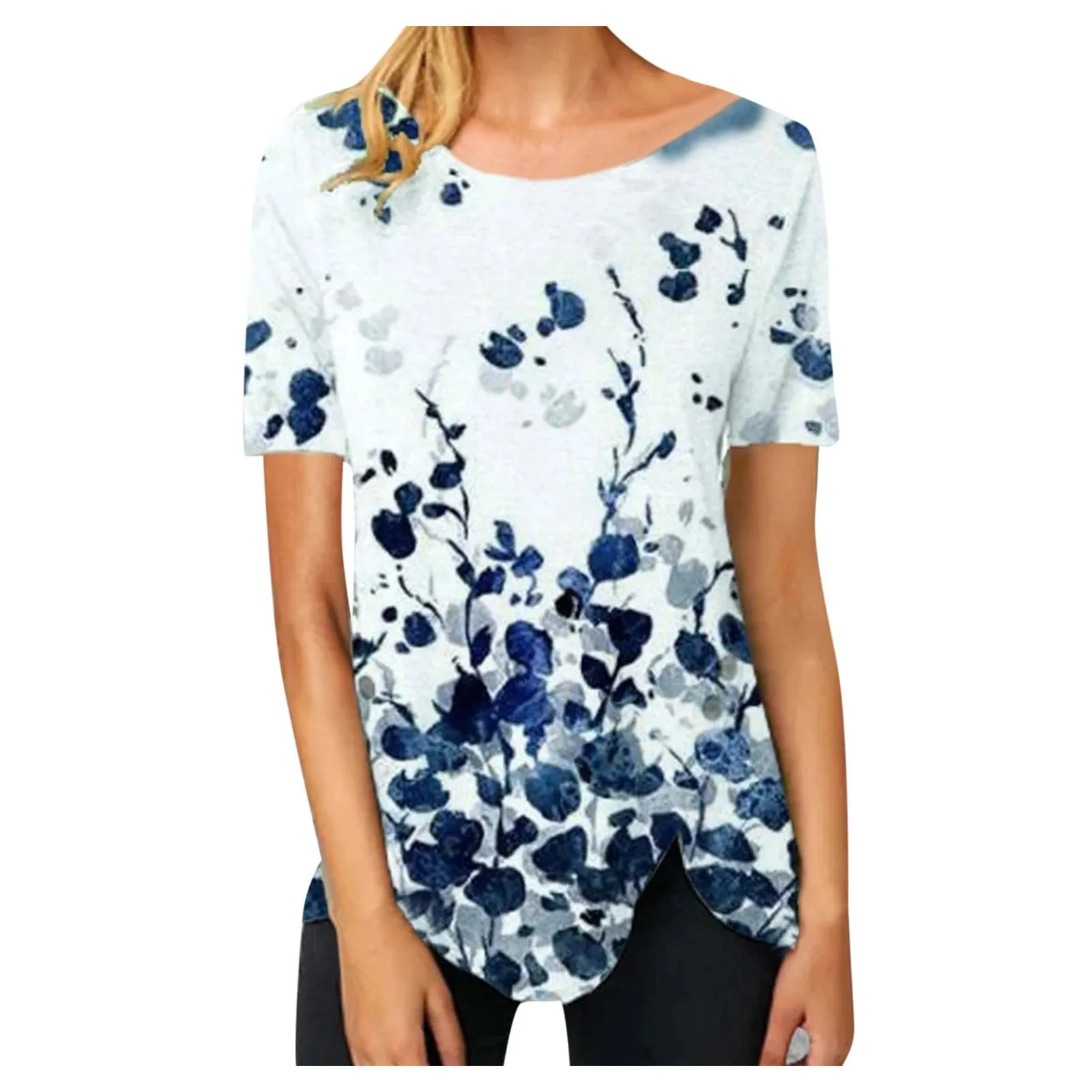 Casual round neck irregular hem button short-sleeved printed T-shirt