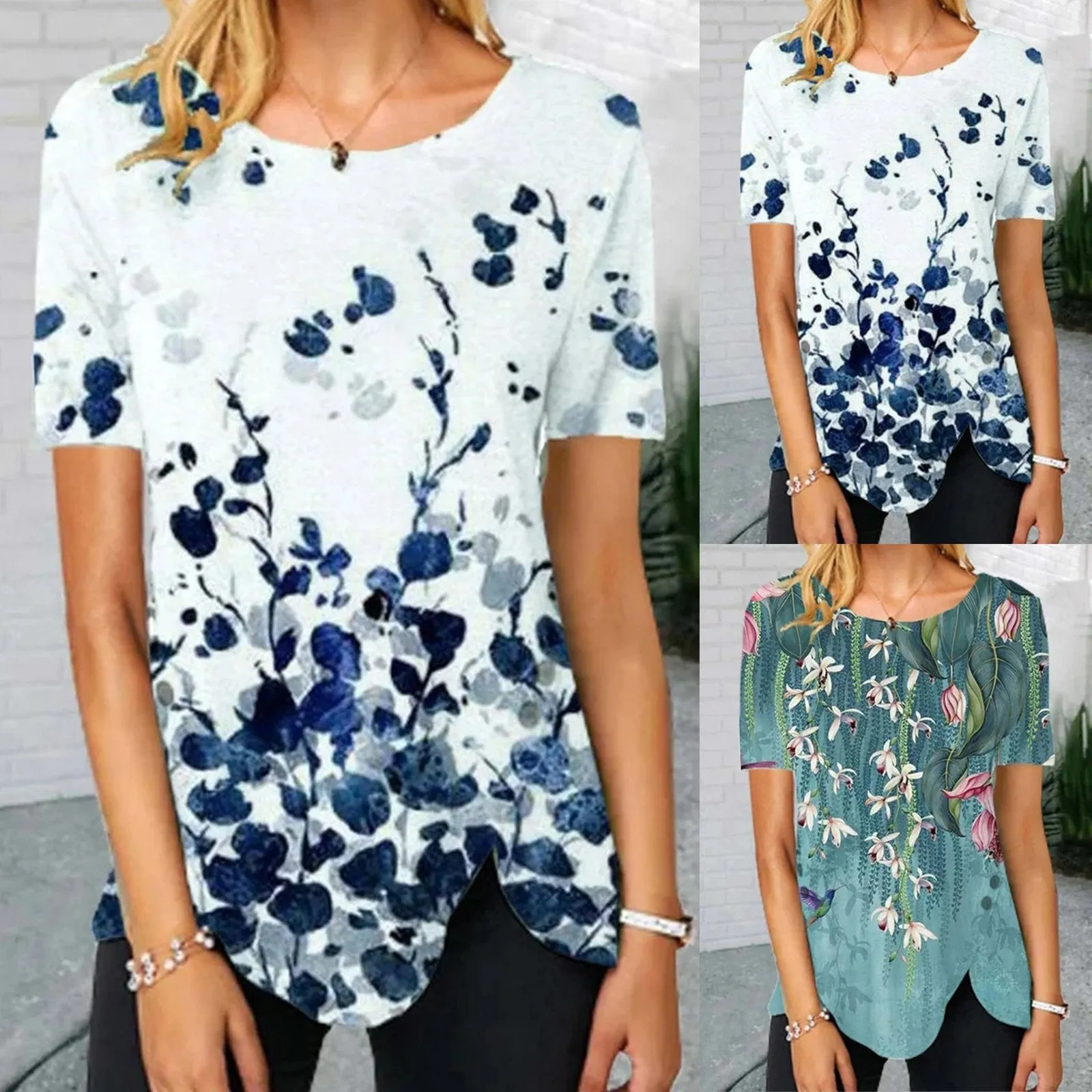 Casual round neck irregular hem button short-sleeved printed T-shirt