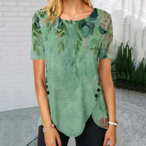 Casual round neck irregular hem button short-sleeved printed T-shirt