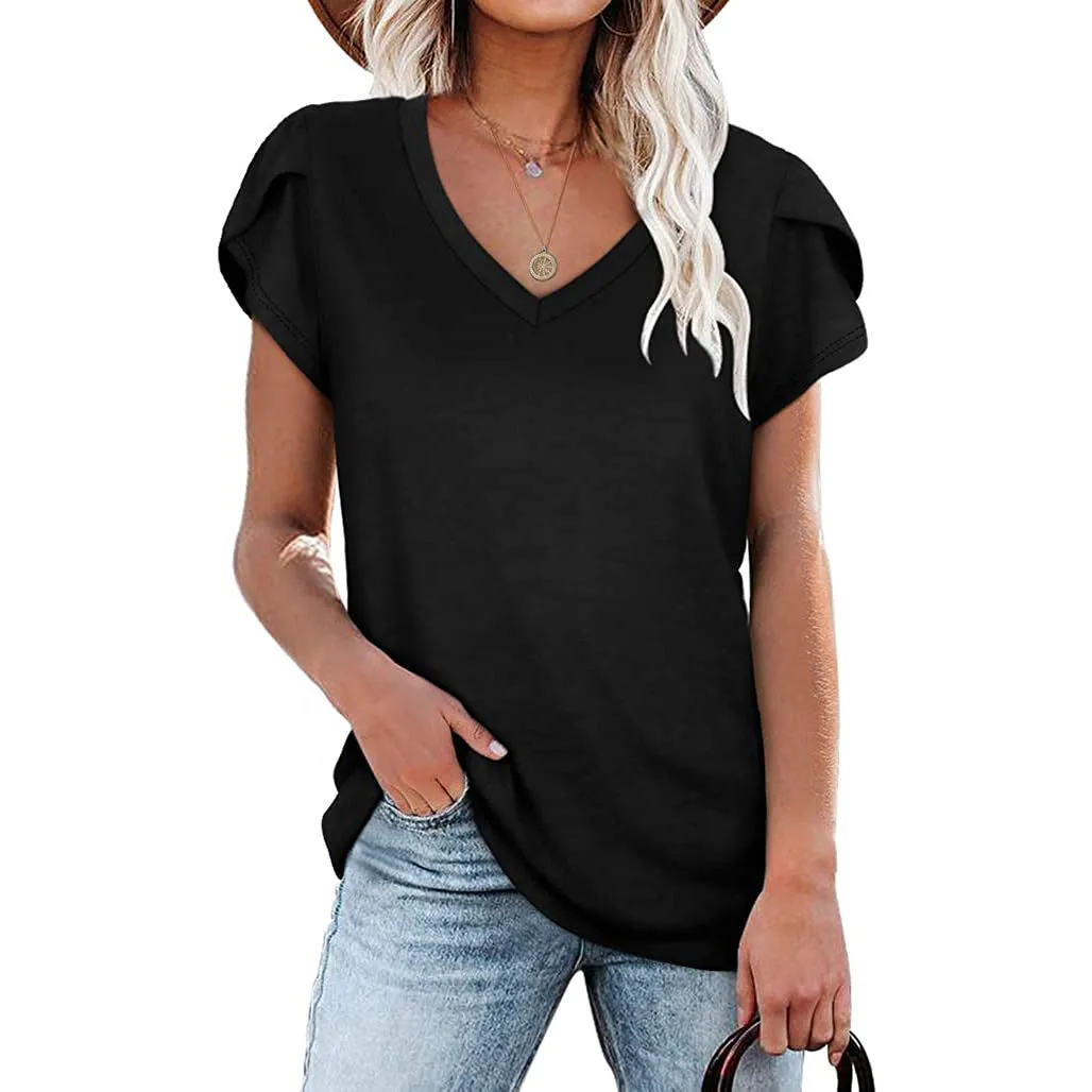 Casual solid color V-neck short-sleeved T-shirt