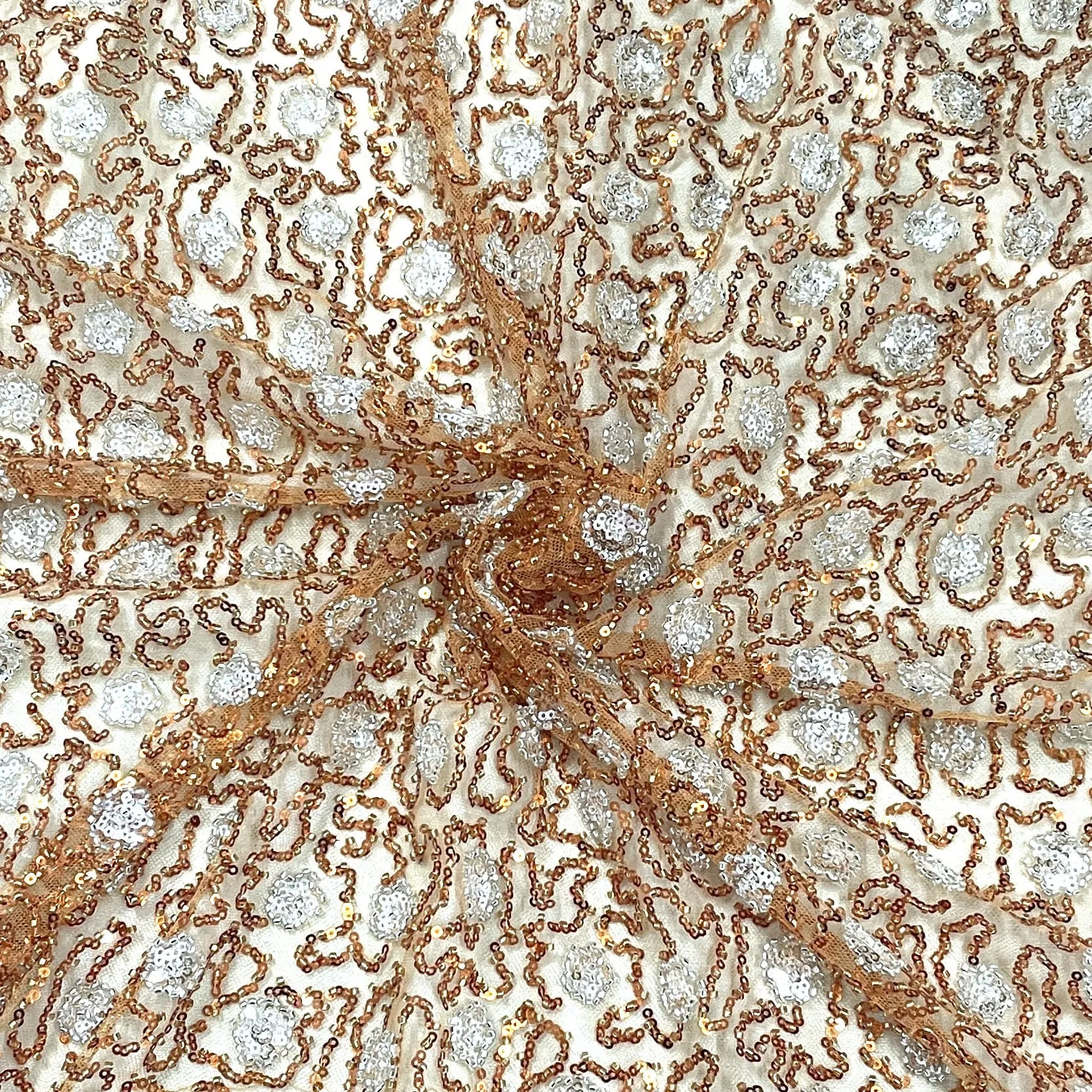 Classic Orange Silver Pearl Sequins Embroidery Net Fabric