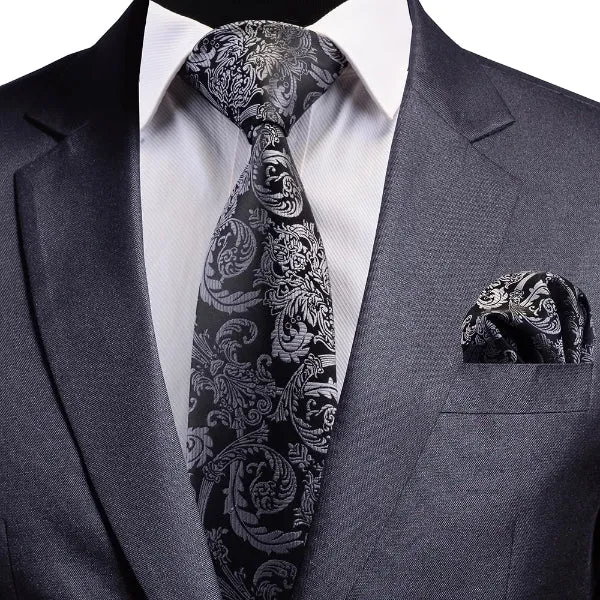 Classy Men Black & Silver Paisley Silk Necktie