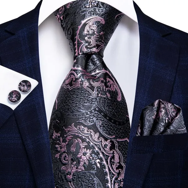 Classy Men Black Pink Floral Silk Tie