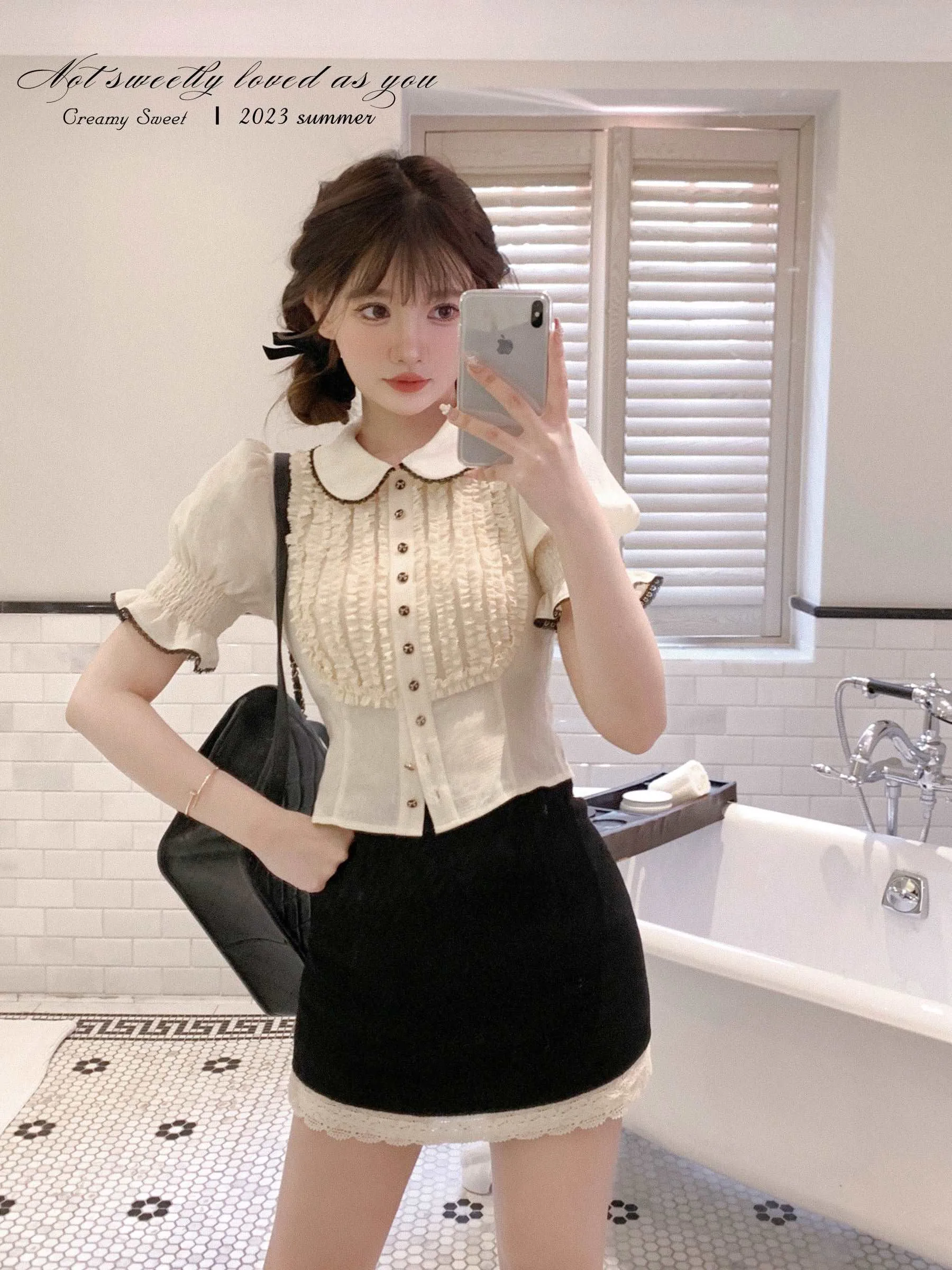 Creamy Sweet Doll Collar Lace Cream Blouse Shirt Black Mini Skirt Two Piece Set