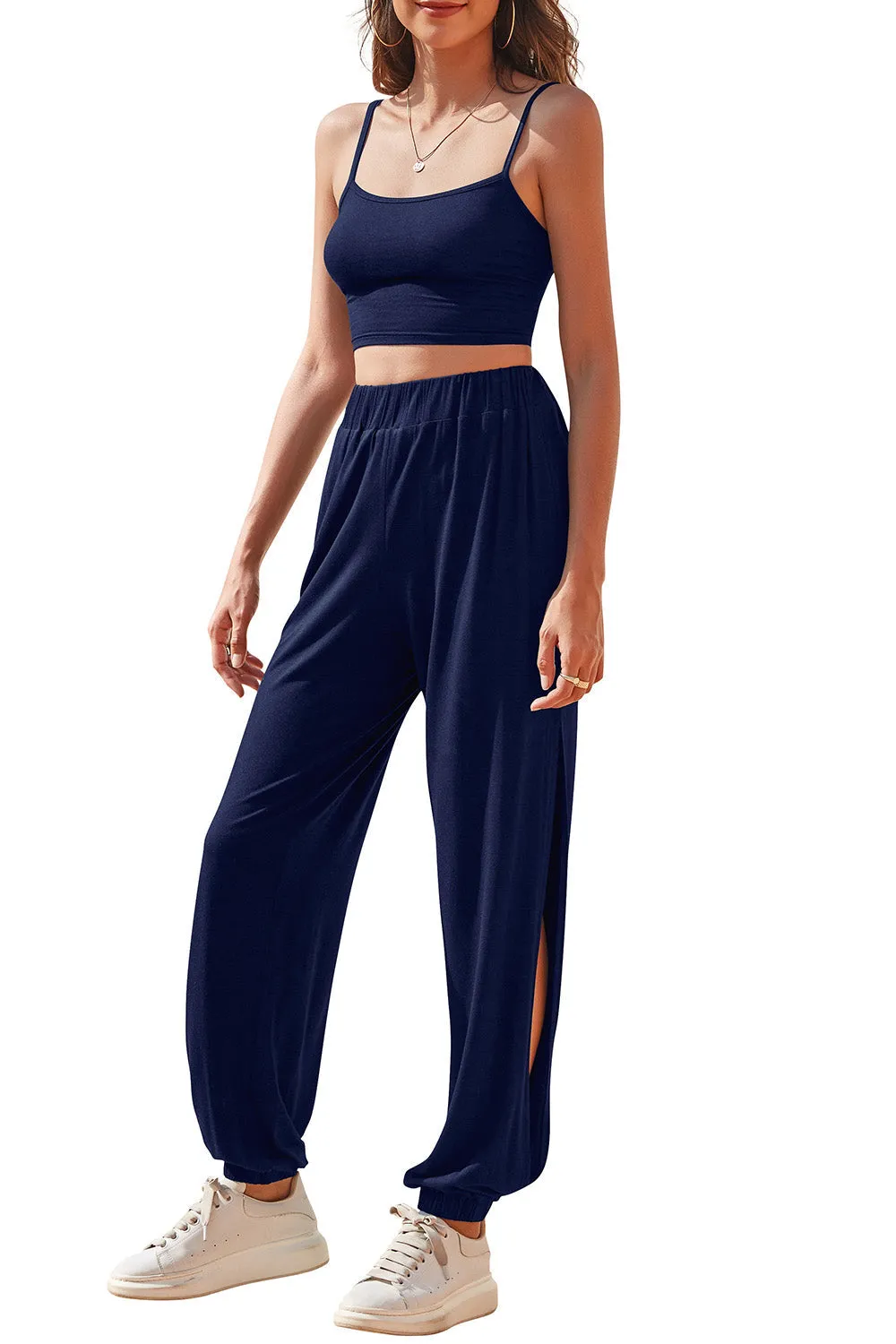 Cropped Cami and Side Split Joggers Set - 4 colors