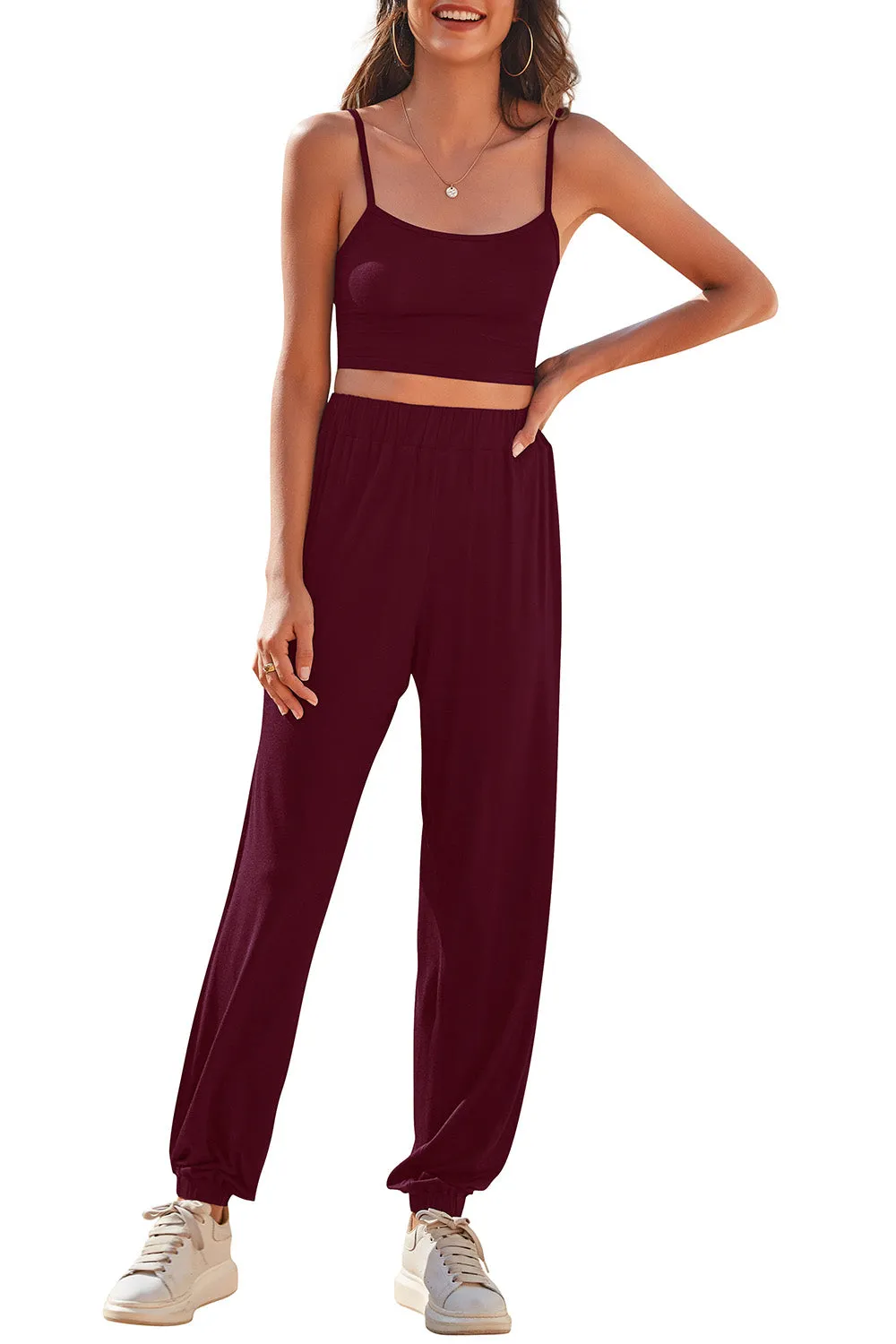 Cropped Cami and Side Split Joggers Set - 4 colors