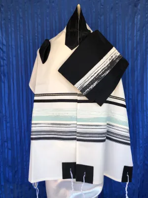 Elegant Black and Light Blue Strip Wool Tallit