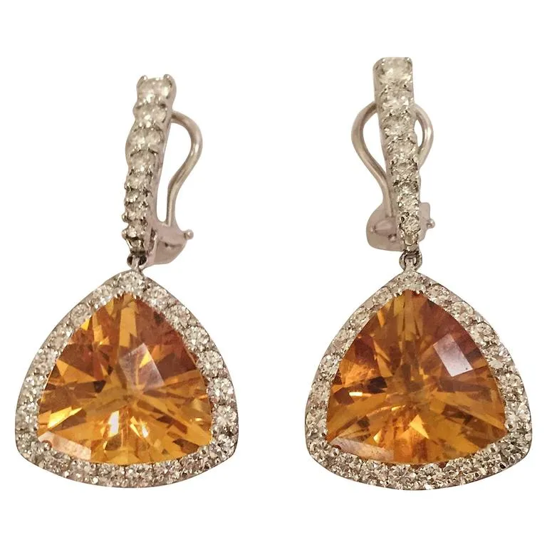 Elegant Citrine Diamond Gold Hanging Earrings