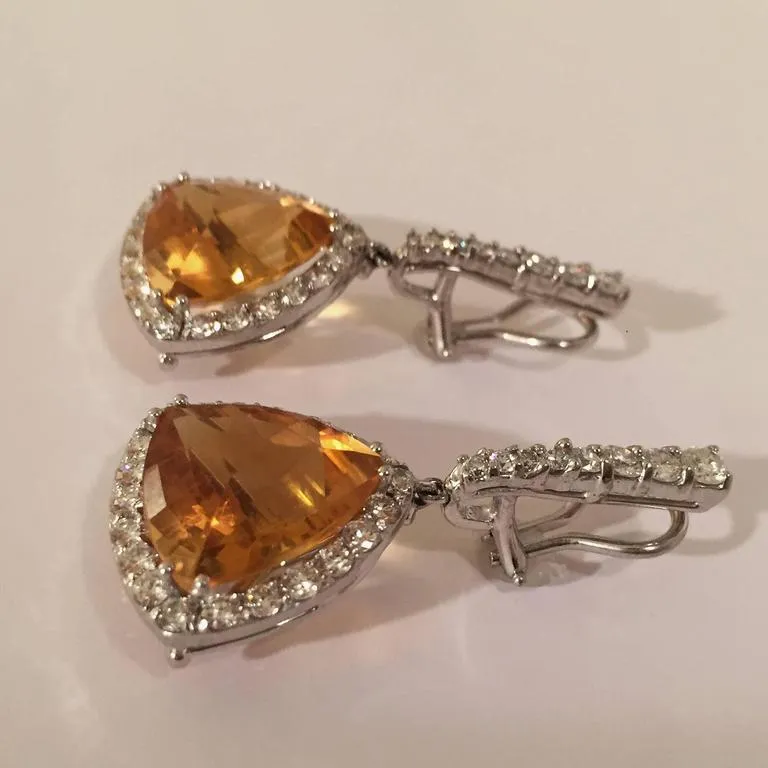 Elegant Citrine Diamond Gold Hanging Earrings