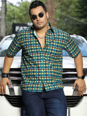 Emerald Yellow Check Cotton Half Sleeve Shirt Men's Plus Size