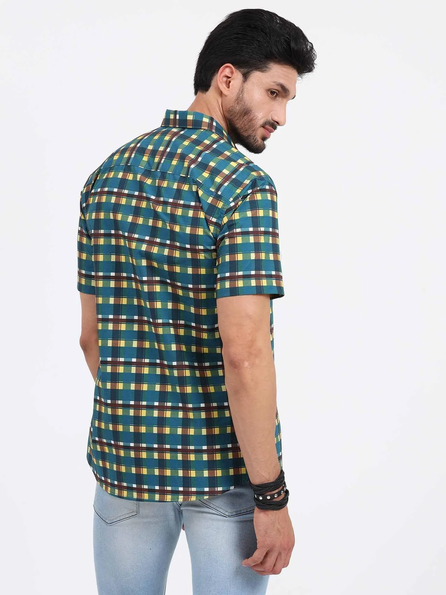 Emerald Yellow Check Cotton Half Sleeve Shirt