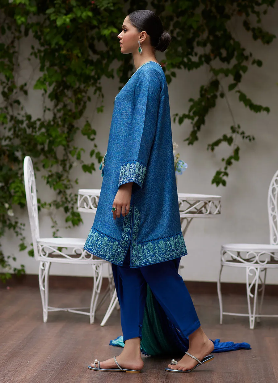 Faina Cobalt Blue Embroidered Raw Silk Shirt and Dupatta