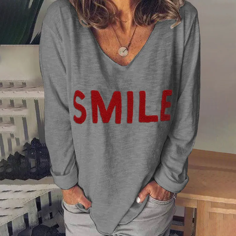 Fashion casual letter embroidery V-neck long sleeve women's t-shirt