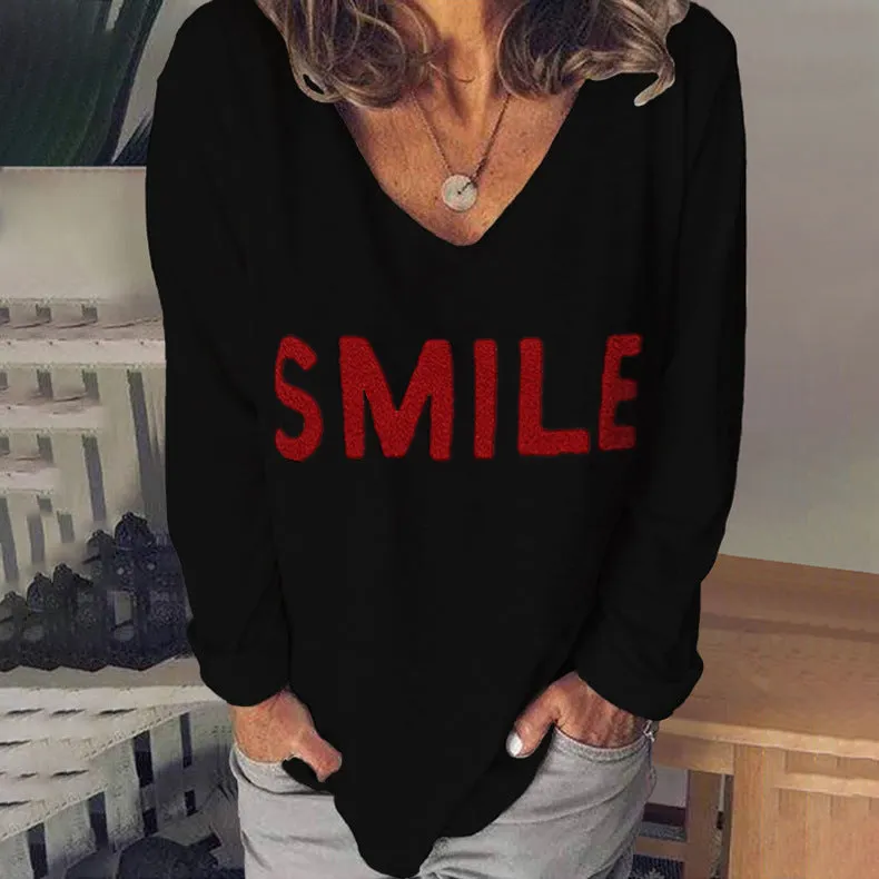 Fashion casual letter embroidery V-neck long sleeve women's t-shirt