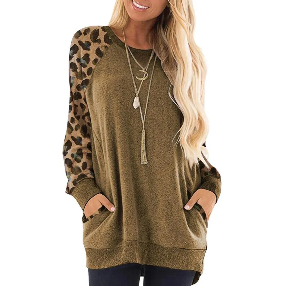 Fashion round neck color contrast pocket sweater long-sleeved pullover sweatshirt casual T-shirt