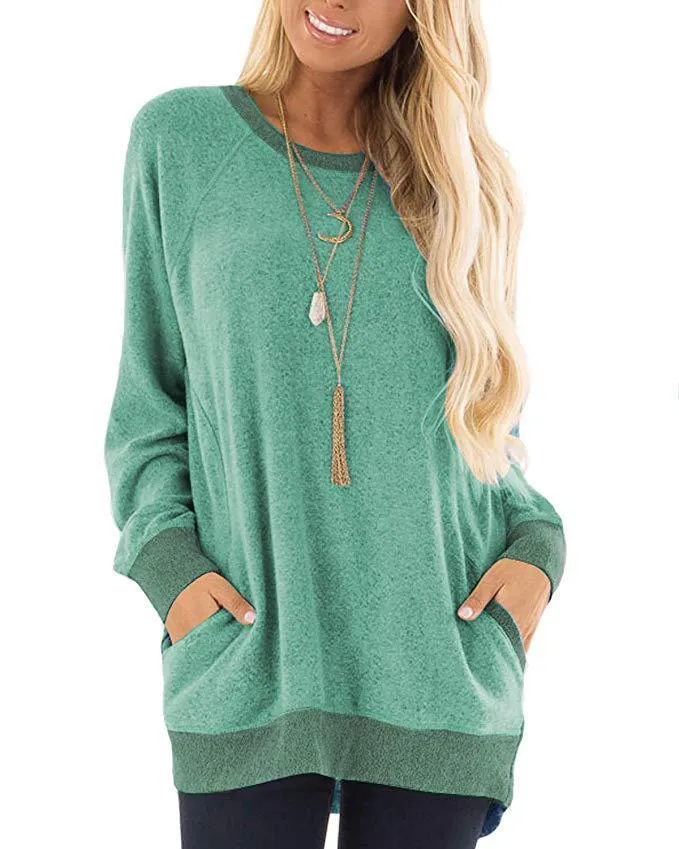 Fashion round neck color contrast pocket sweater long-sleeved pullover sweatshirt casual T-shirt