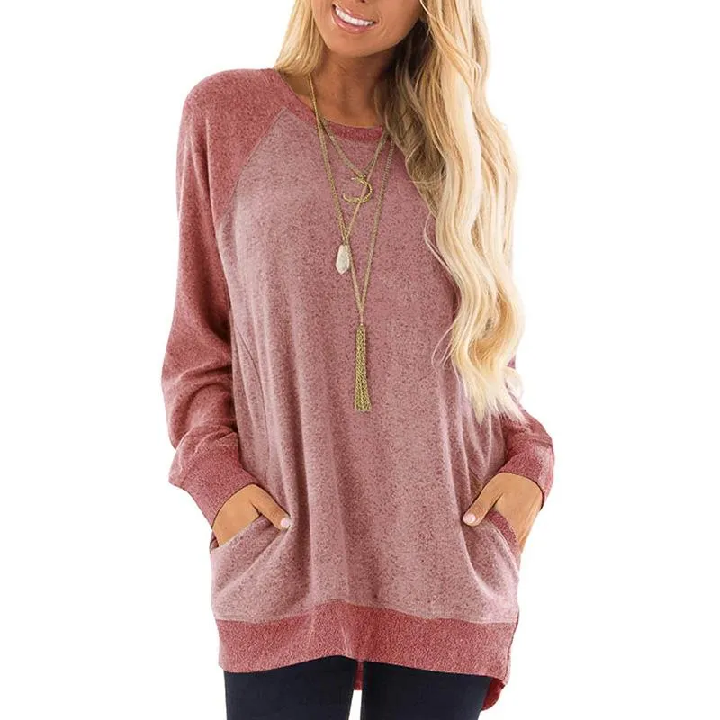 Fashion round neck color contrast pocket sweater long-sleeved pullover sweatshirt casual T-shirt