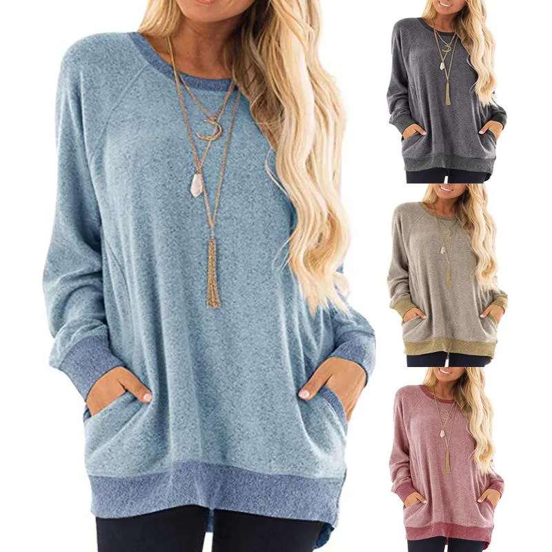 Fashion round neck color contrast pocket sweater long-sleeved pullover sweatshirt casual T-shirt