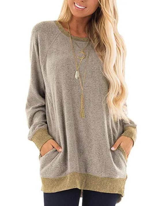 Fashion round neck color contrast pocket sweater long-sleeved pullover sweatshirt casual T-shirt