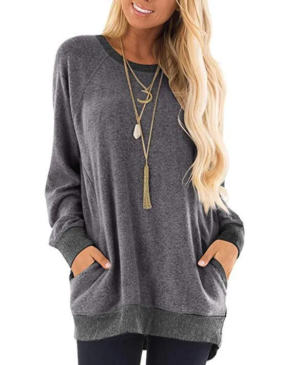 Fashion round neck color contrast pocket sweater long-sleeved pullover sweatshirt casual T-shirt