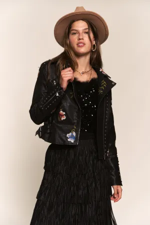 FLORAL EMBROIDERED STUDDED FAUX LEATHER JACKET