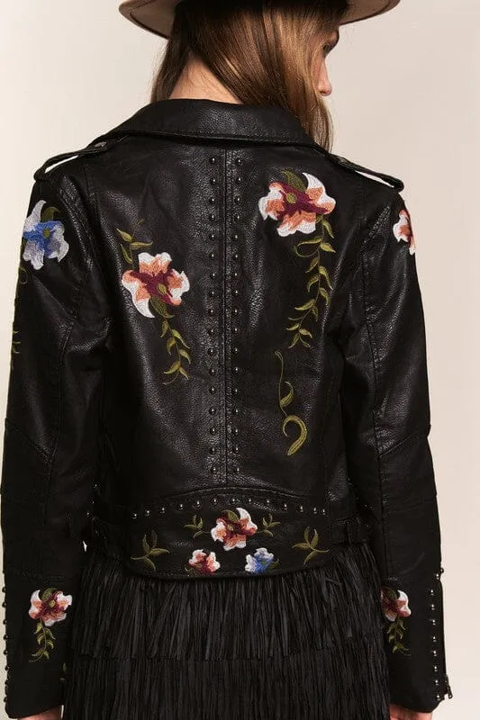 FLORAL EMBROIDERED STUDDED FAUX LEATHER JACKET