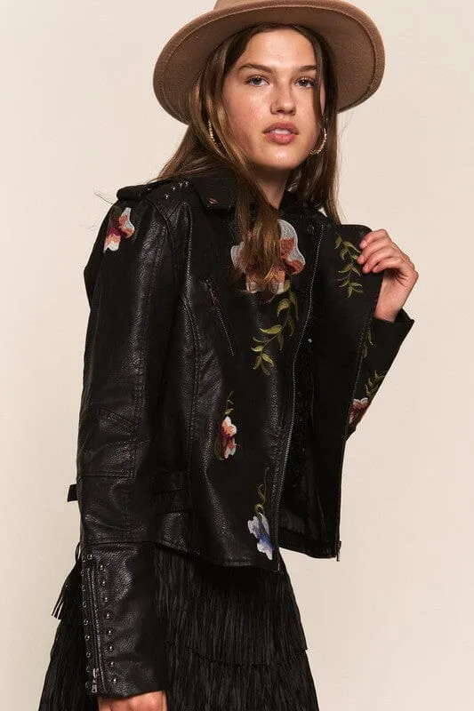 FLORAL EMBROIDERED STUDDED FAUX LEATHER JACKET