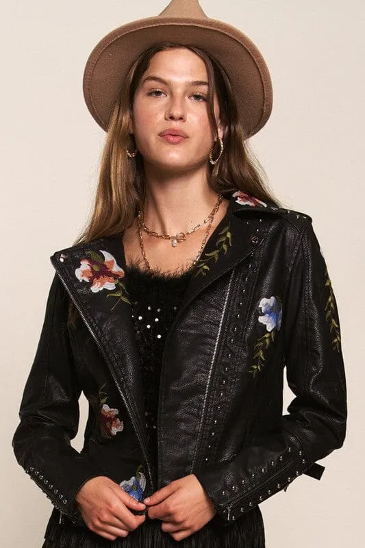 FLORAL EMBROIDERED STUDDED FAUX LEATHER JACKET